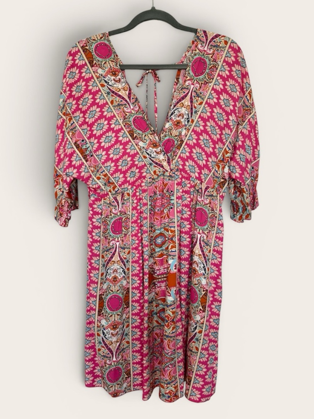 Pink Boho Paisley V-Neck Dress